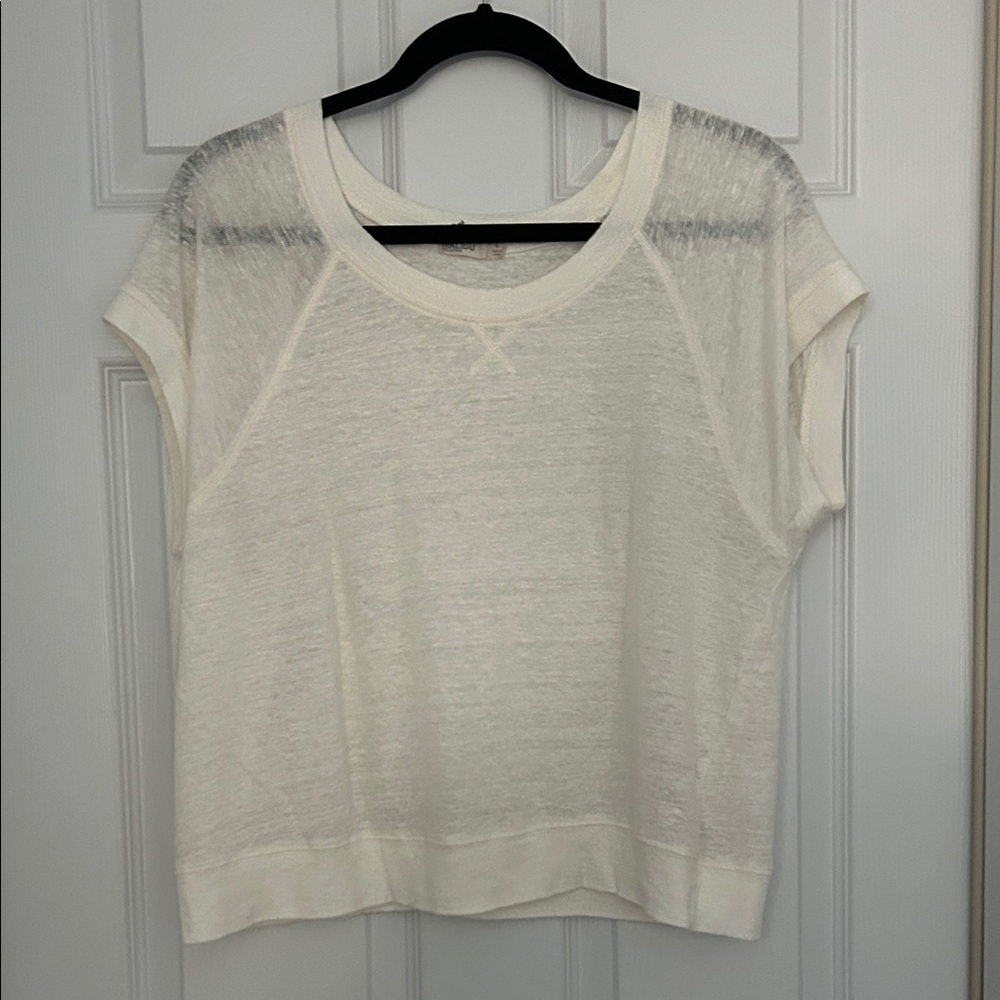 Barefoot Dreams Malibu Collection Linen Raglan Tee Cream Cap Sleeve Large